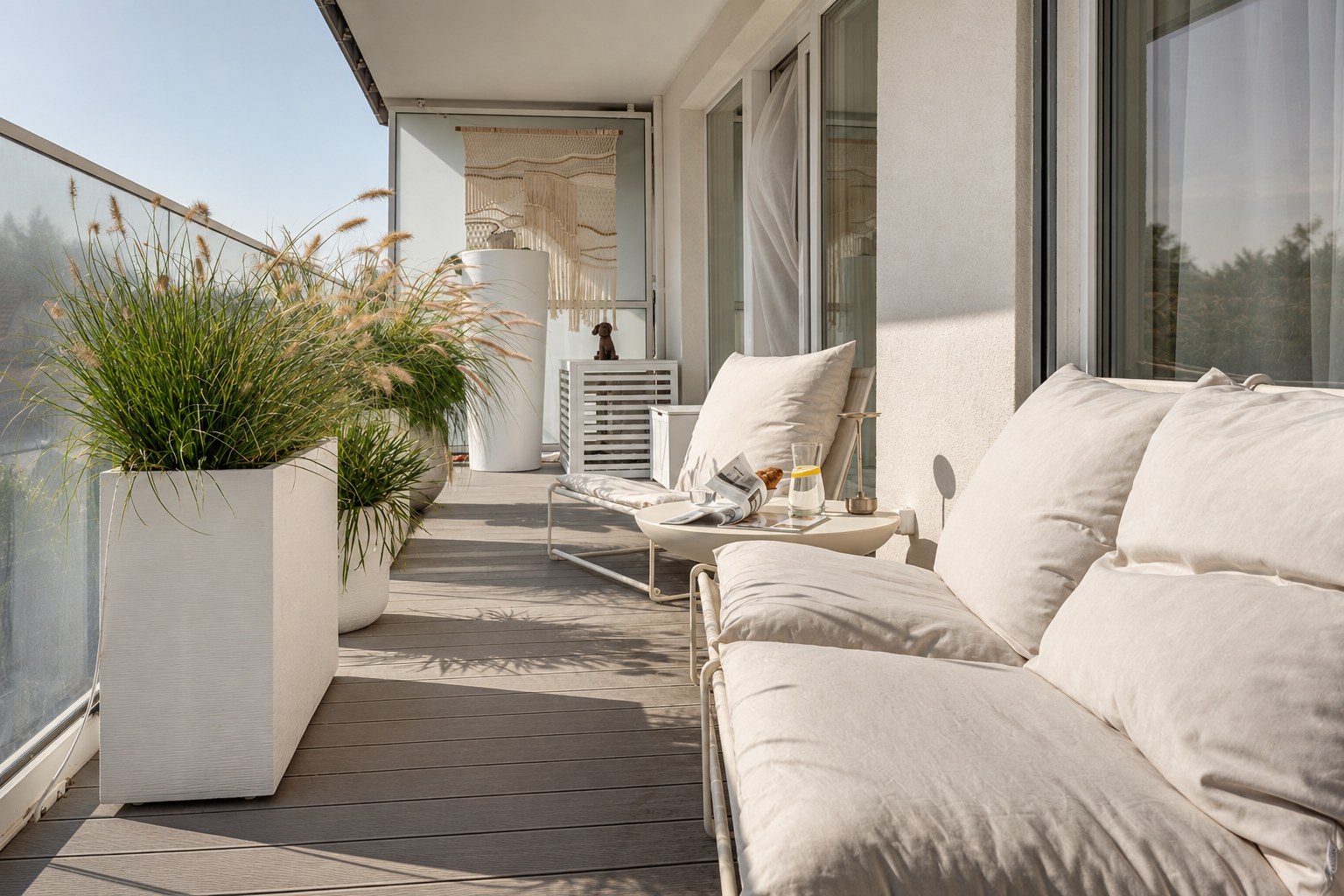 Balkon z miękkimi siedziskami i zielenią, Apartament Boutique No. 7, Międzyzdroje