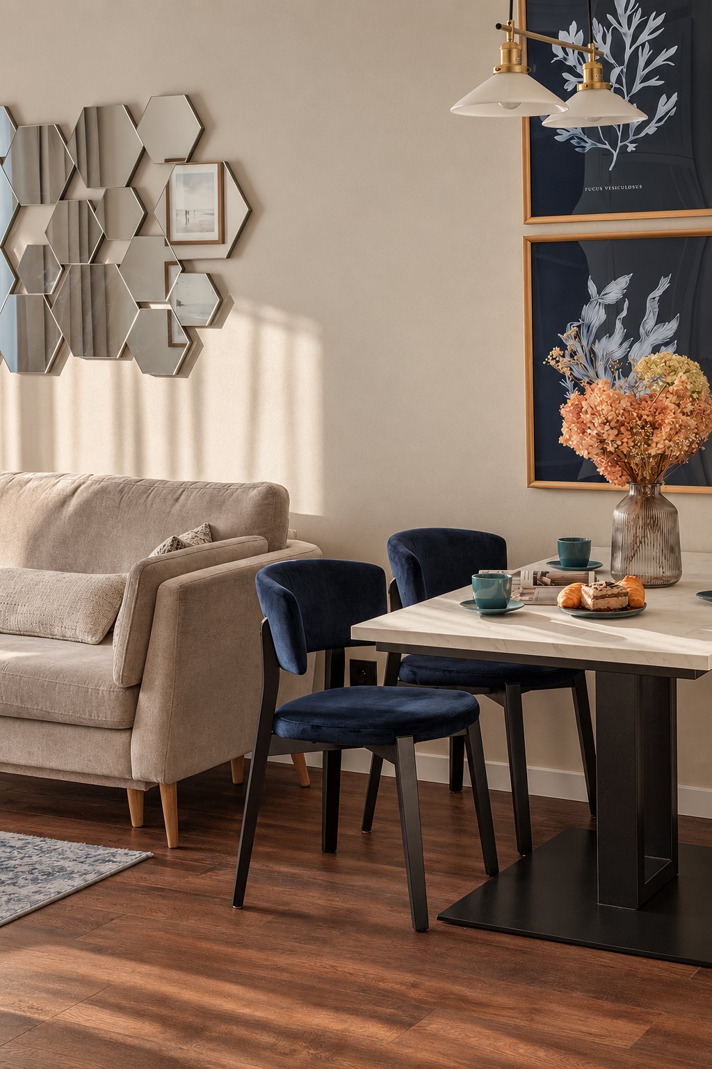 Jadalnia, salon i światło wpadające przez duże okna, Apartament w Central Park Mielno
