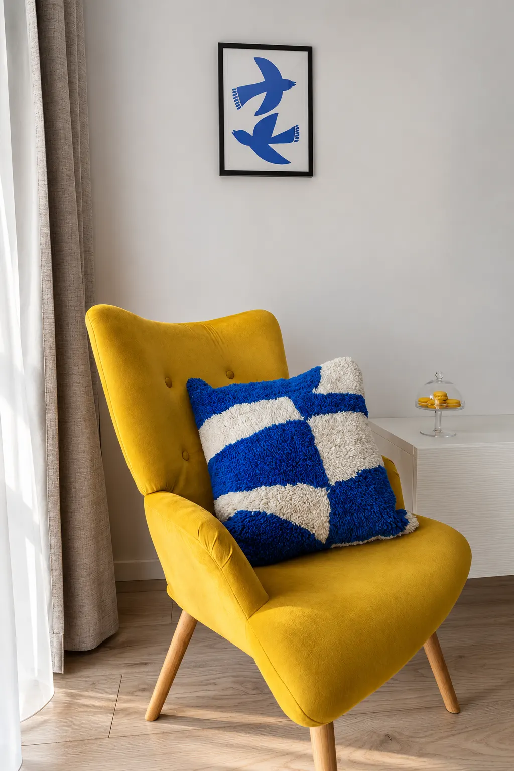 Żółty fotel z granatowo-białą poduszką, Apartament Mar, Kołobrzeg