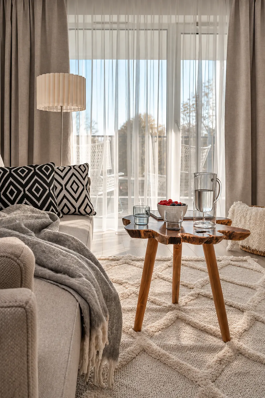 Stolik przy oknie z miękkim światłem, Apartament Arena, Kołobrzeg