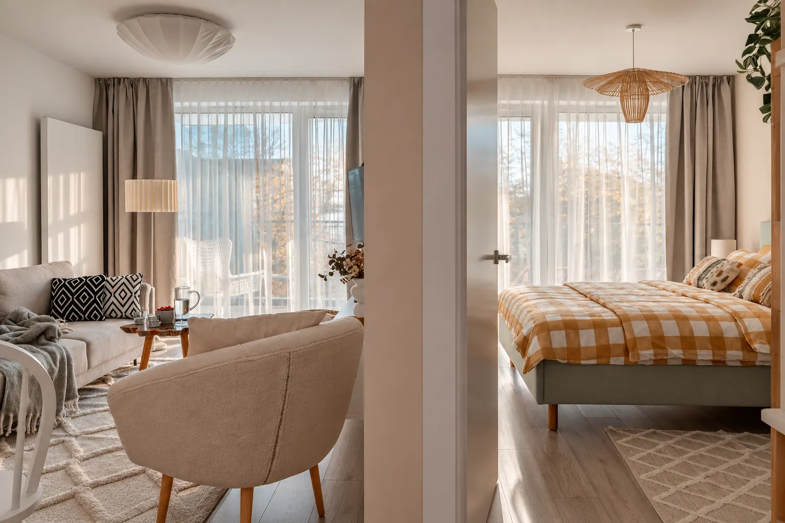 Otwarta przestrzeń salonu i sypialni, Apartament Arena, Kołobrzeg