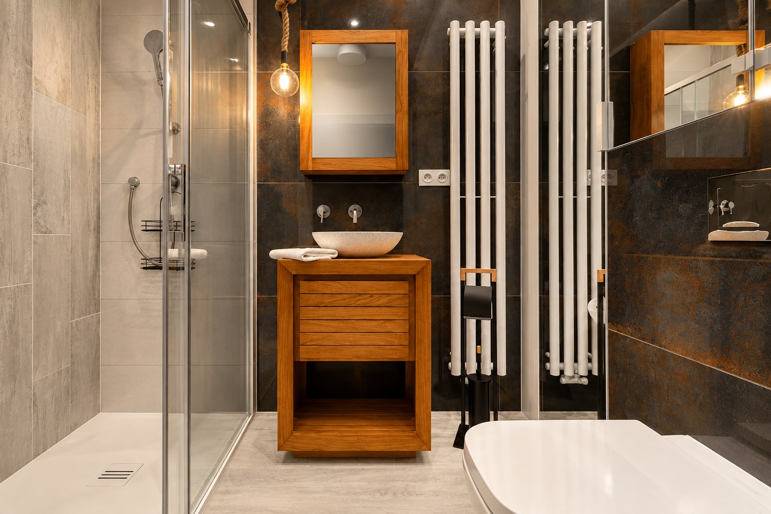 Łazienka z drewnianą szafką i czarnymi płytkami, Apartament Sea & Forest, Międzyzdroje