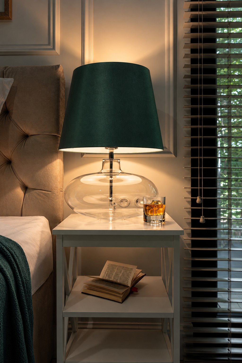 Lampka nocna i drewniany detal, Apartament Sea & Forest, Międzyzdroje