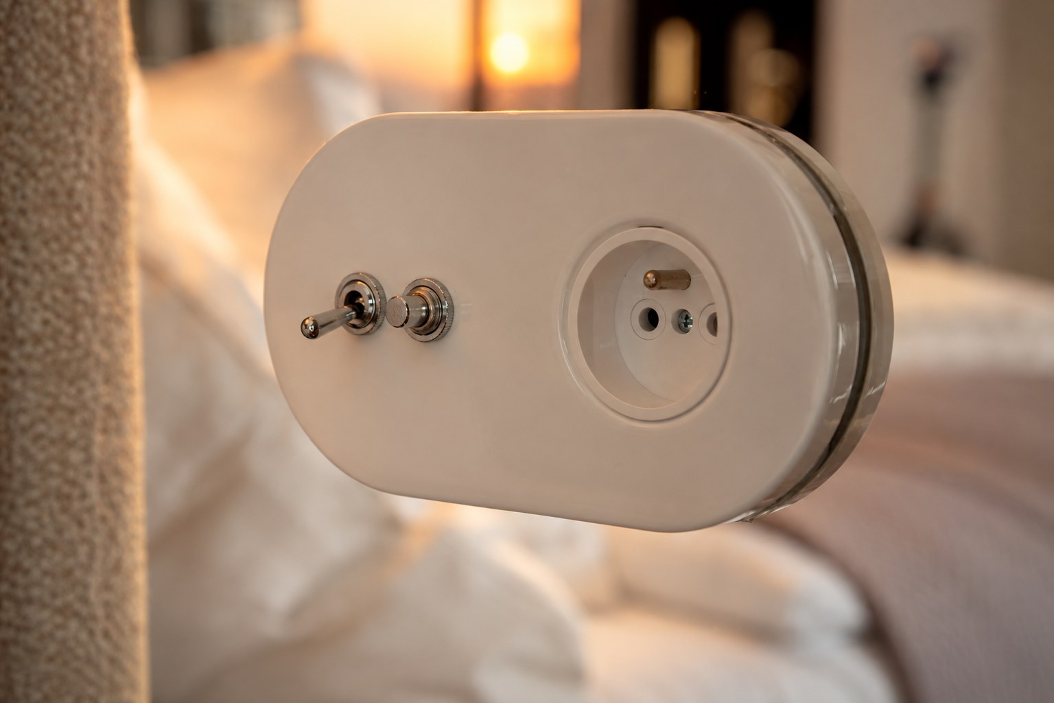 Detal designerskiego gniazdka przy łóżku, Apartament Boutique No. 7, Międzyzdroje