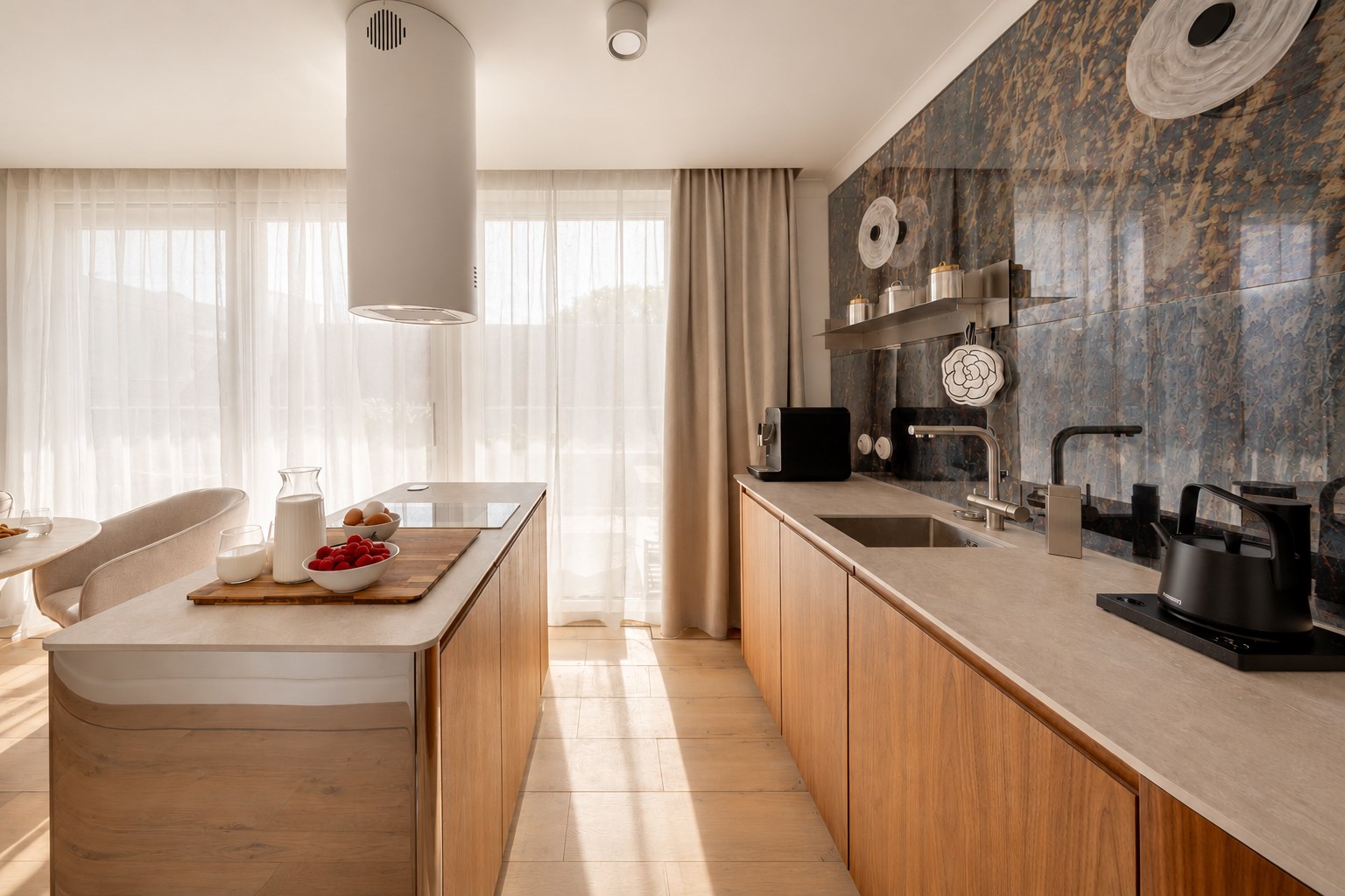 Kuchnia z drewnianą wyspą i kamiennym blatem, Apartament Boutique No. 7, Międzyzdroje