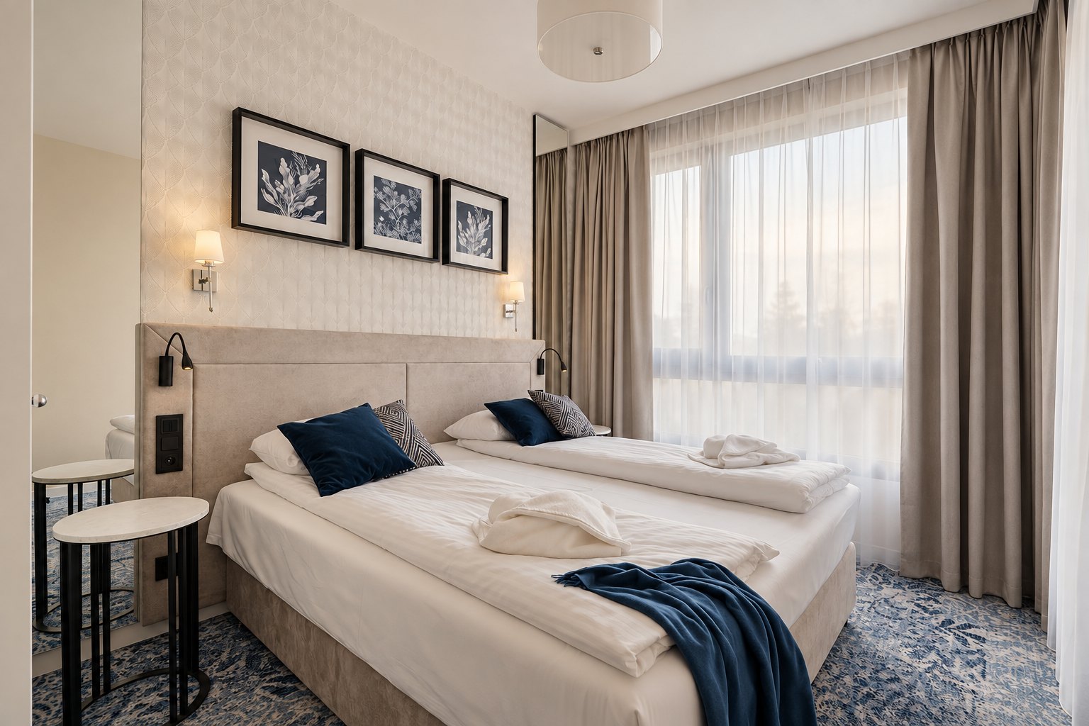 Sypialnia Apartamentu w Central Park w Mielnie z szerokim oknem
