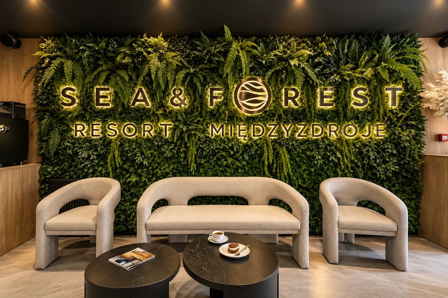 Fotele i stoliki przed zieloną ścianą z logo w lobby Sea & Forest Resort