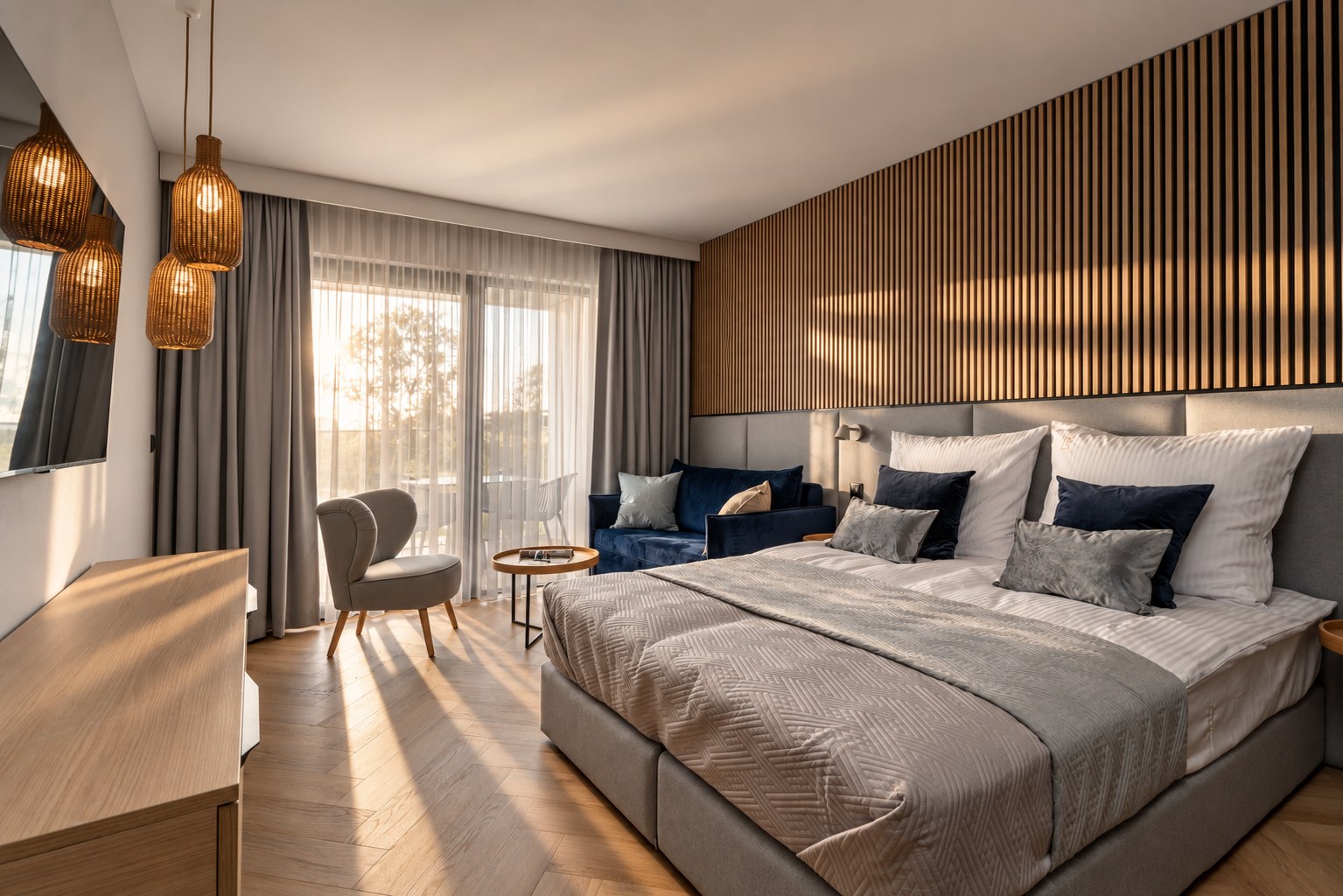 Jasny salon z aneksem i przejściem do strefy wypoczynku, Apartamenty Rosa Style