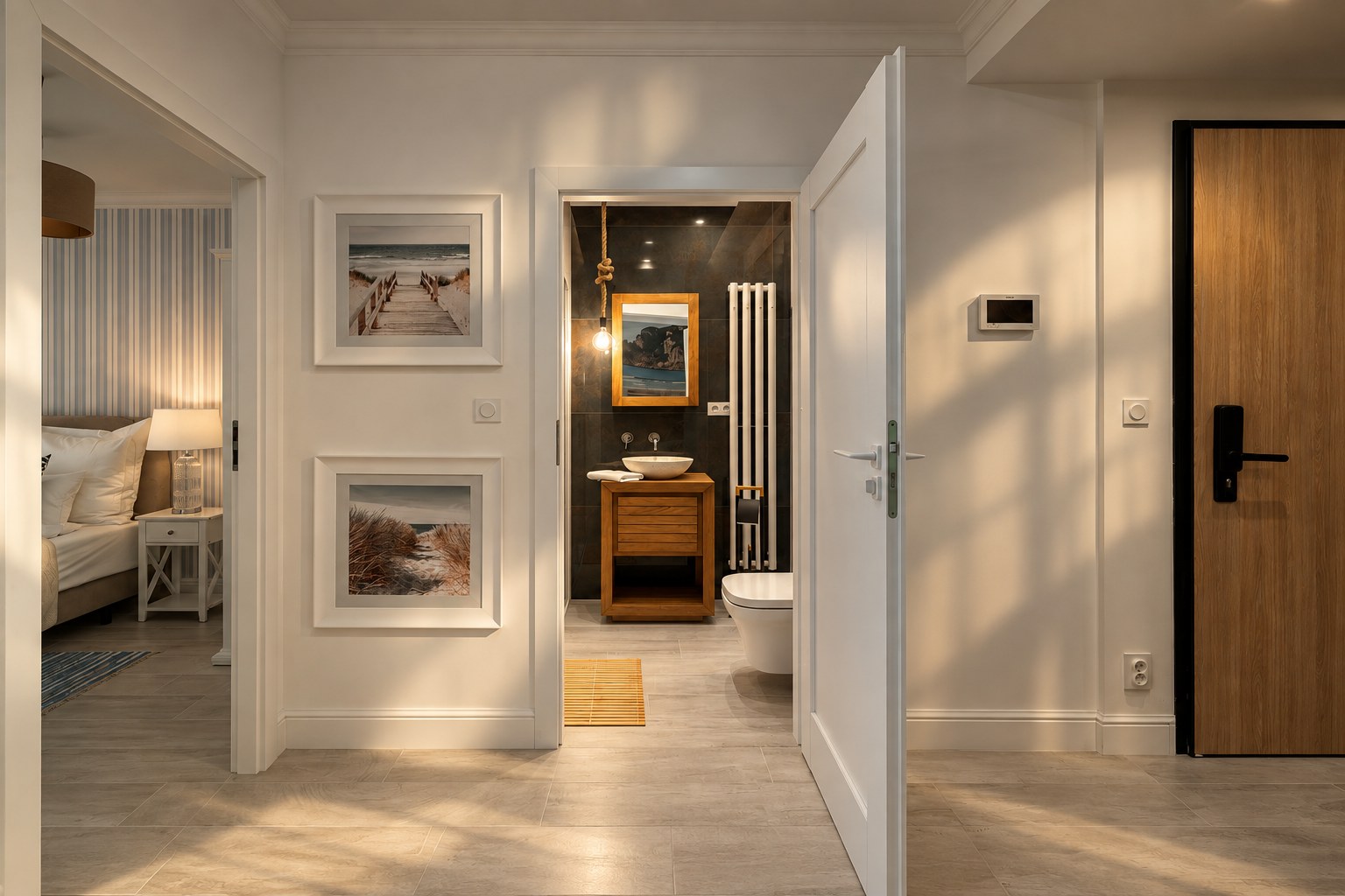 Korytarz apartamentu w ciepłym świetle, Apartament Sea & Forest, Międzyzdroje