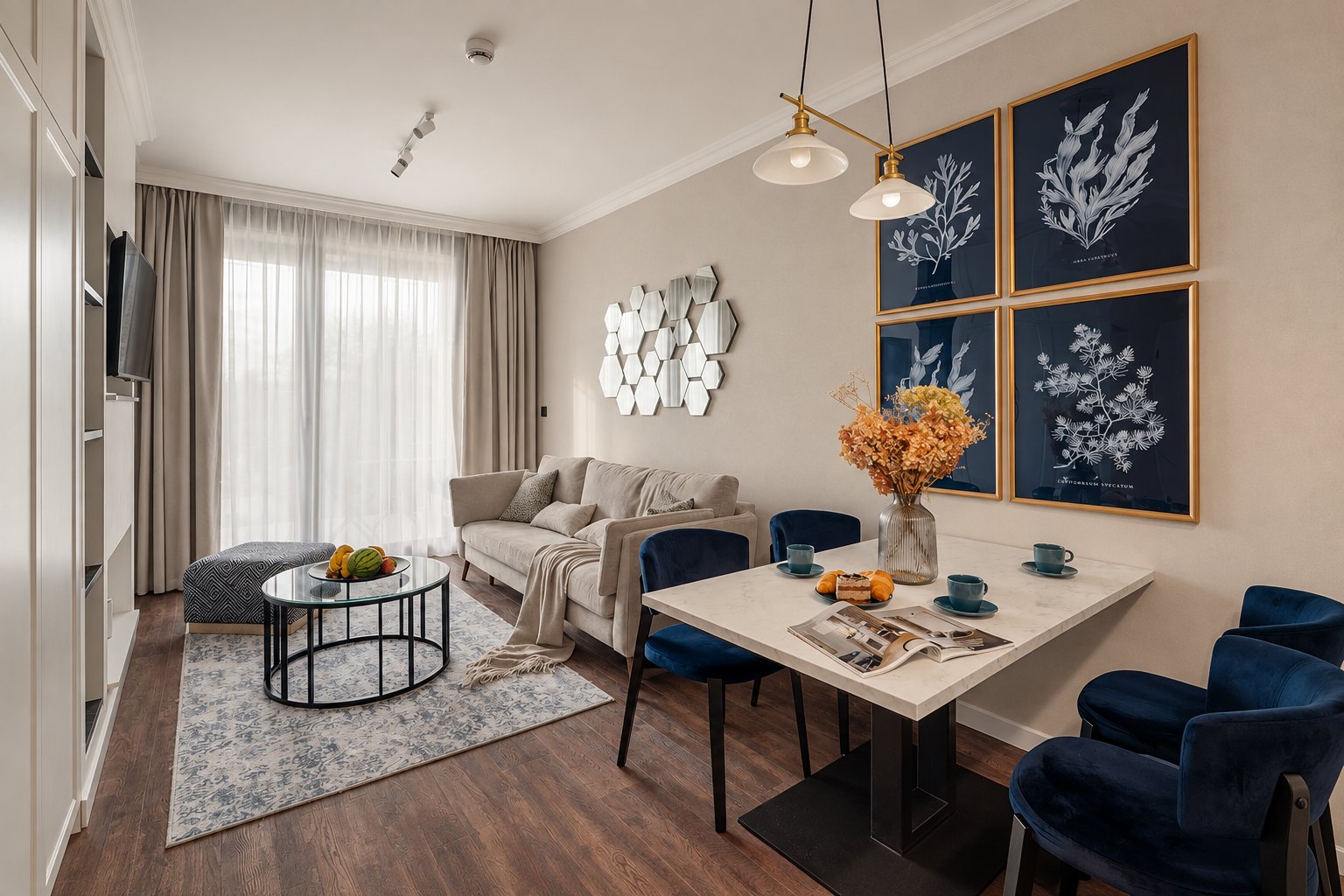 Salon apartamentu w kompleksie Central Park w Mielnie z granatowym aneksem kuchennym