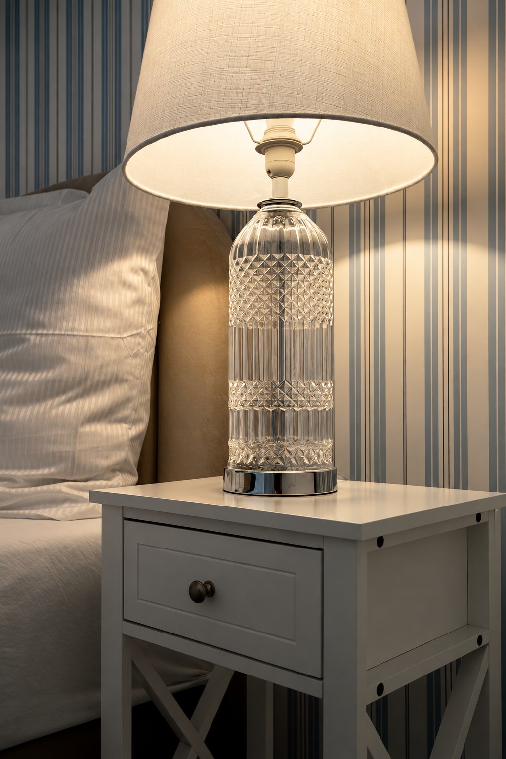 Lampka przy łóżku na tle pasiastych zasłon, Apartament Sea & Forest, Międzyzdroje