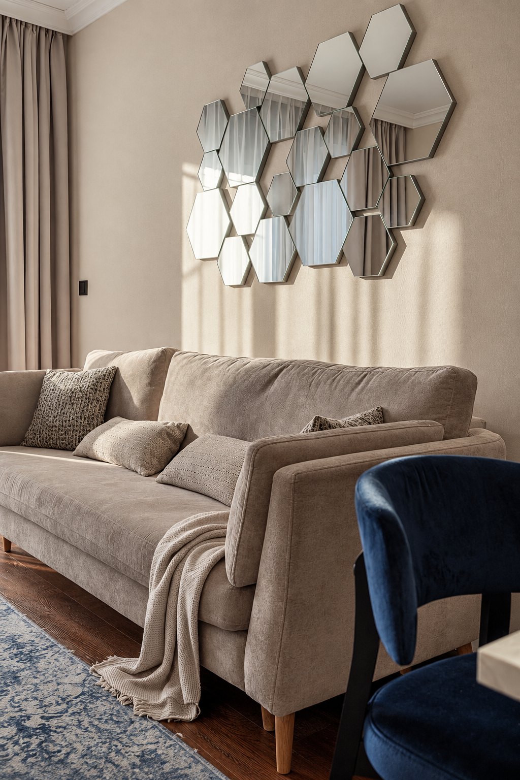 Lustro nad sofą i miękkie tekstylia, Apartament w Central Park Mielno
