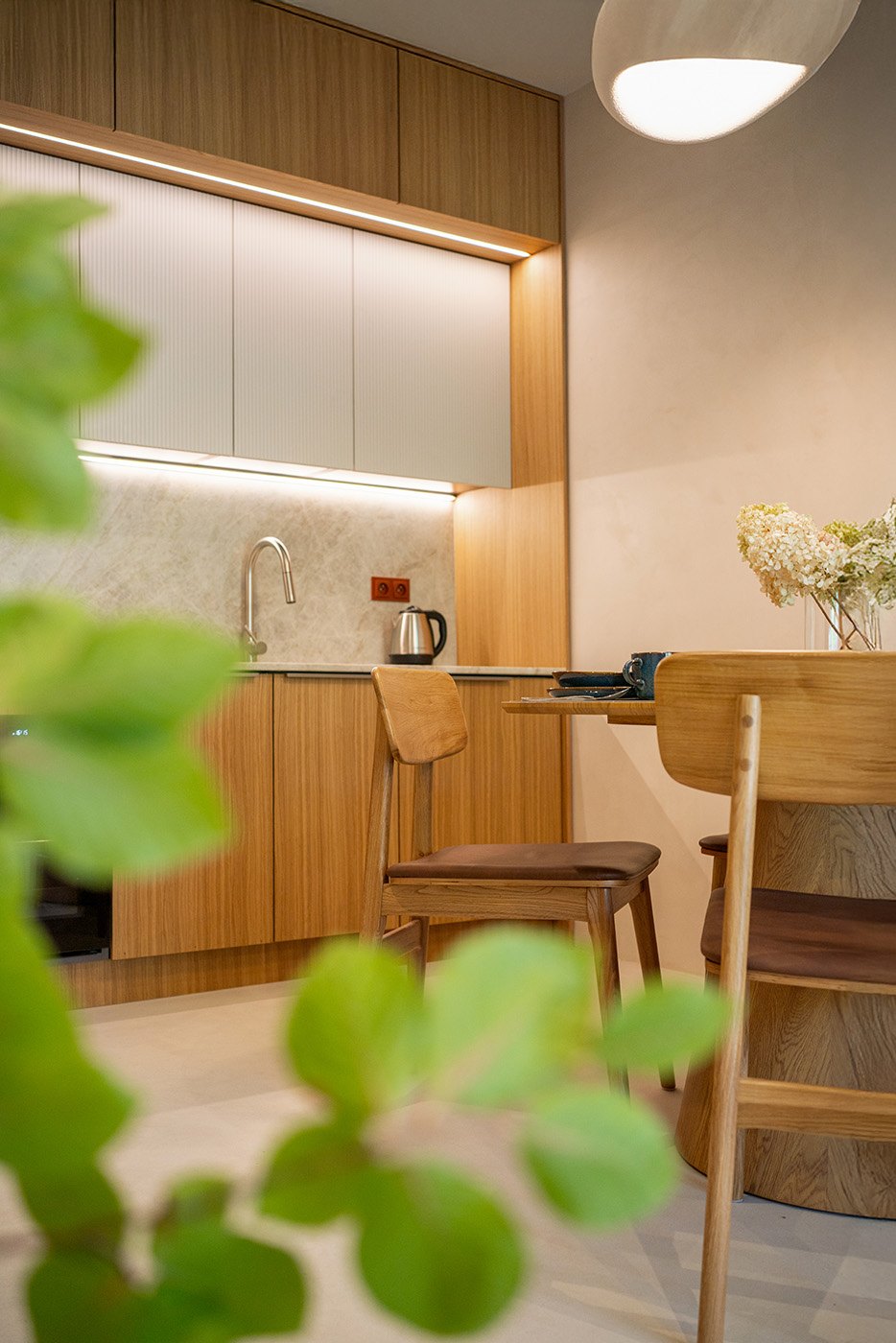 Kuchnia widziana przez delikatne liście, Apartament Sea & Woods Star, Międzyzdroje