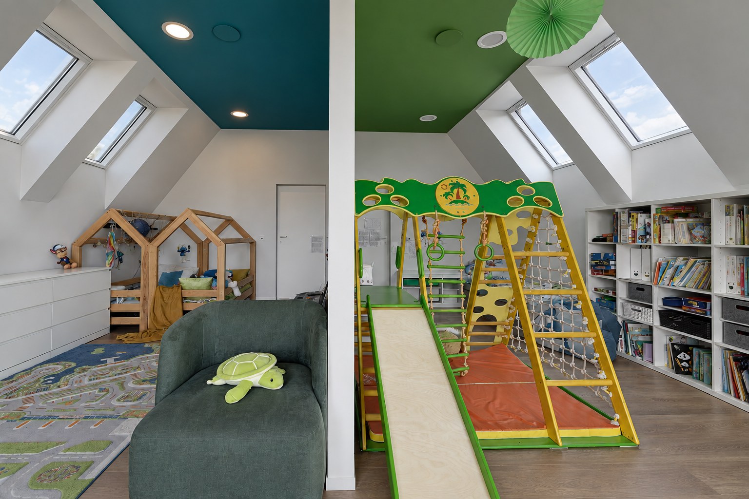 Pokój dziecięcy z drabinką i zielonym sufitem, Dom w Szczecinie, projekt Architeka Szczecin