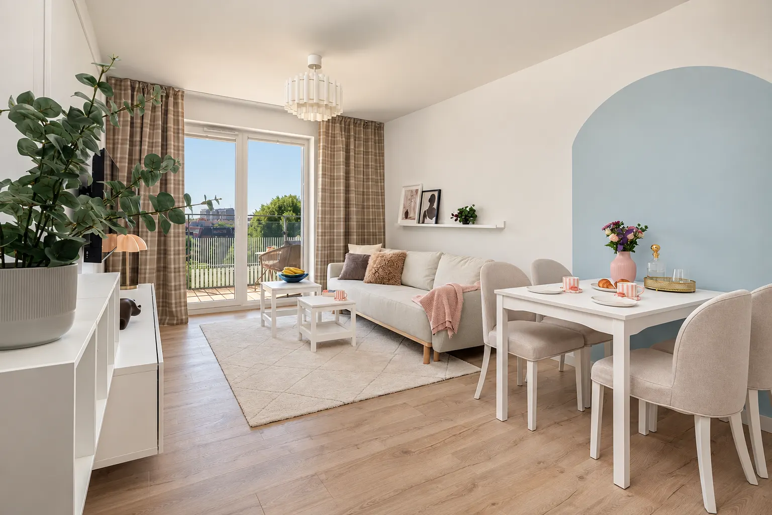 Biała garderoba z lustrem w złotej ramie w Apartamencie Okopowa 7