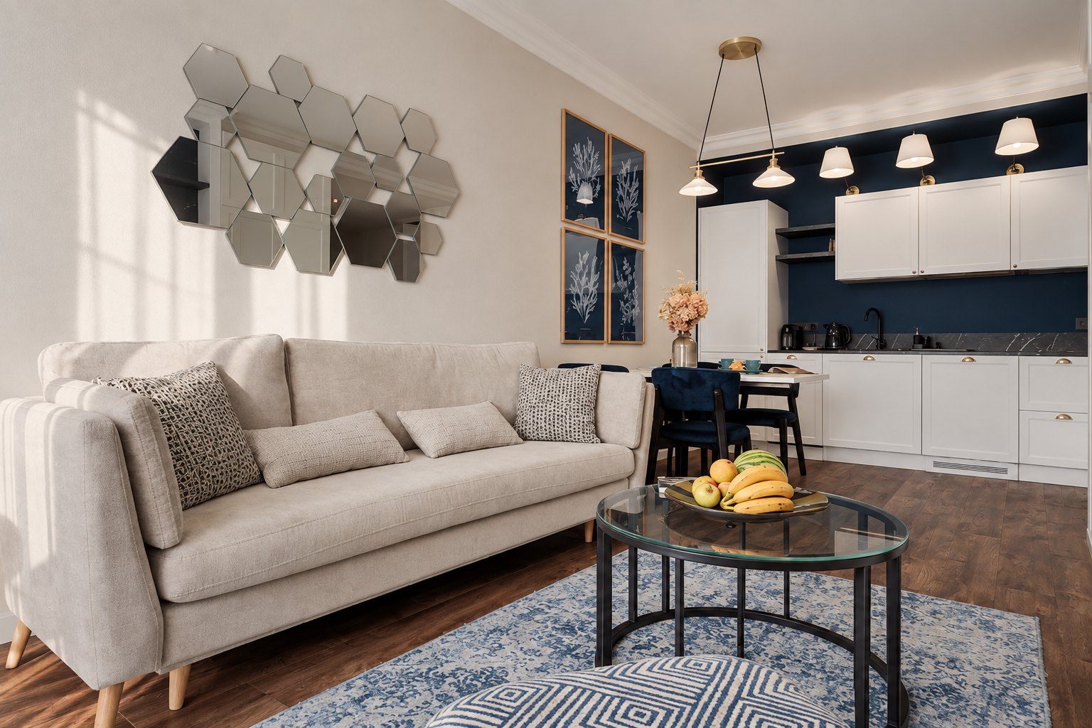 Salon i granatowy aneks kuchenny w jednym kadrze, Apartament w Central Park Mielno
