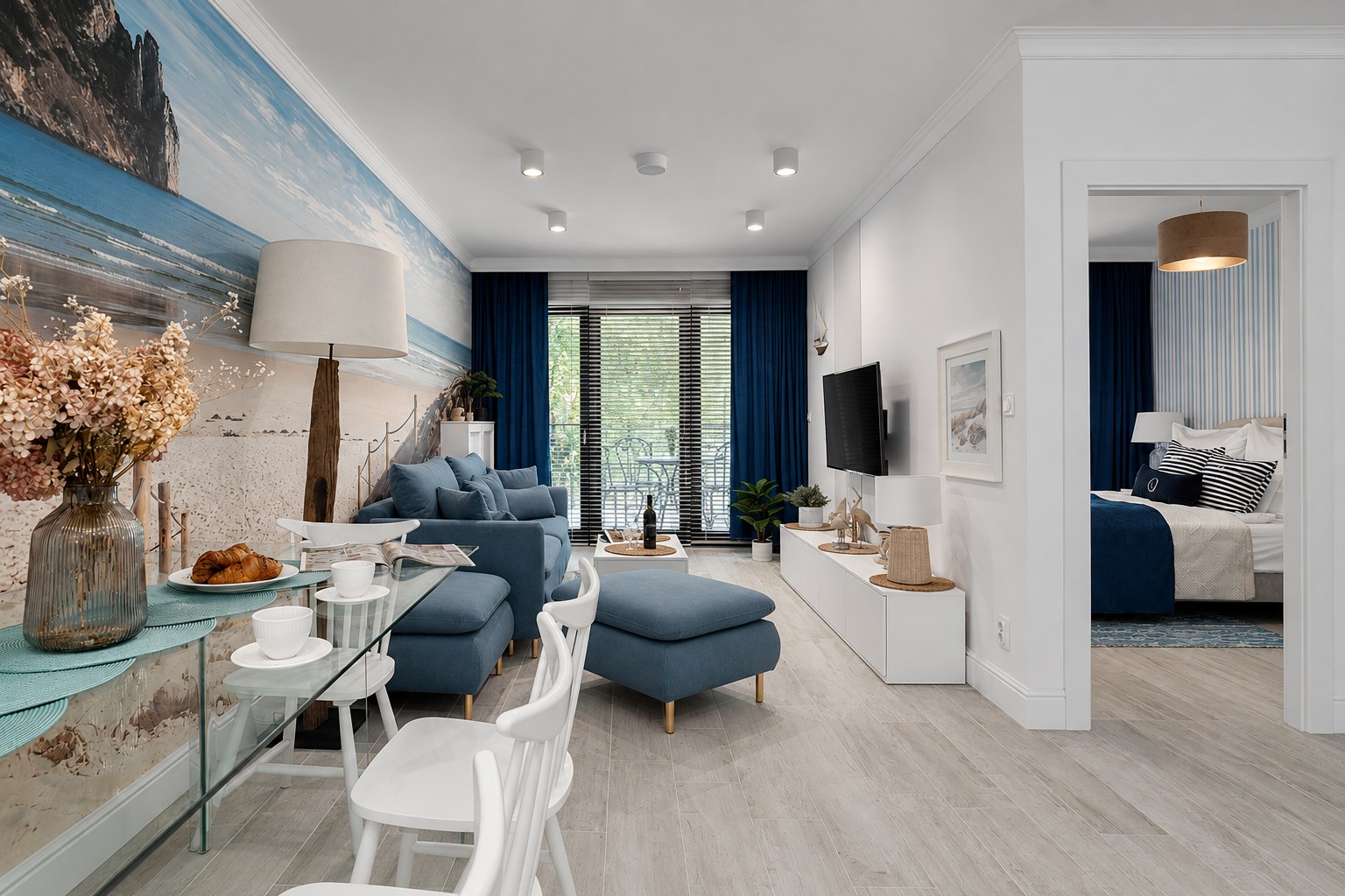 Otwarta strefa dzienna z kuchnią i salonem, Apartament Sea & Forest, Międzyzdroje