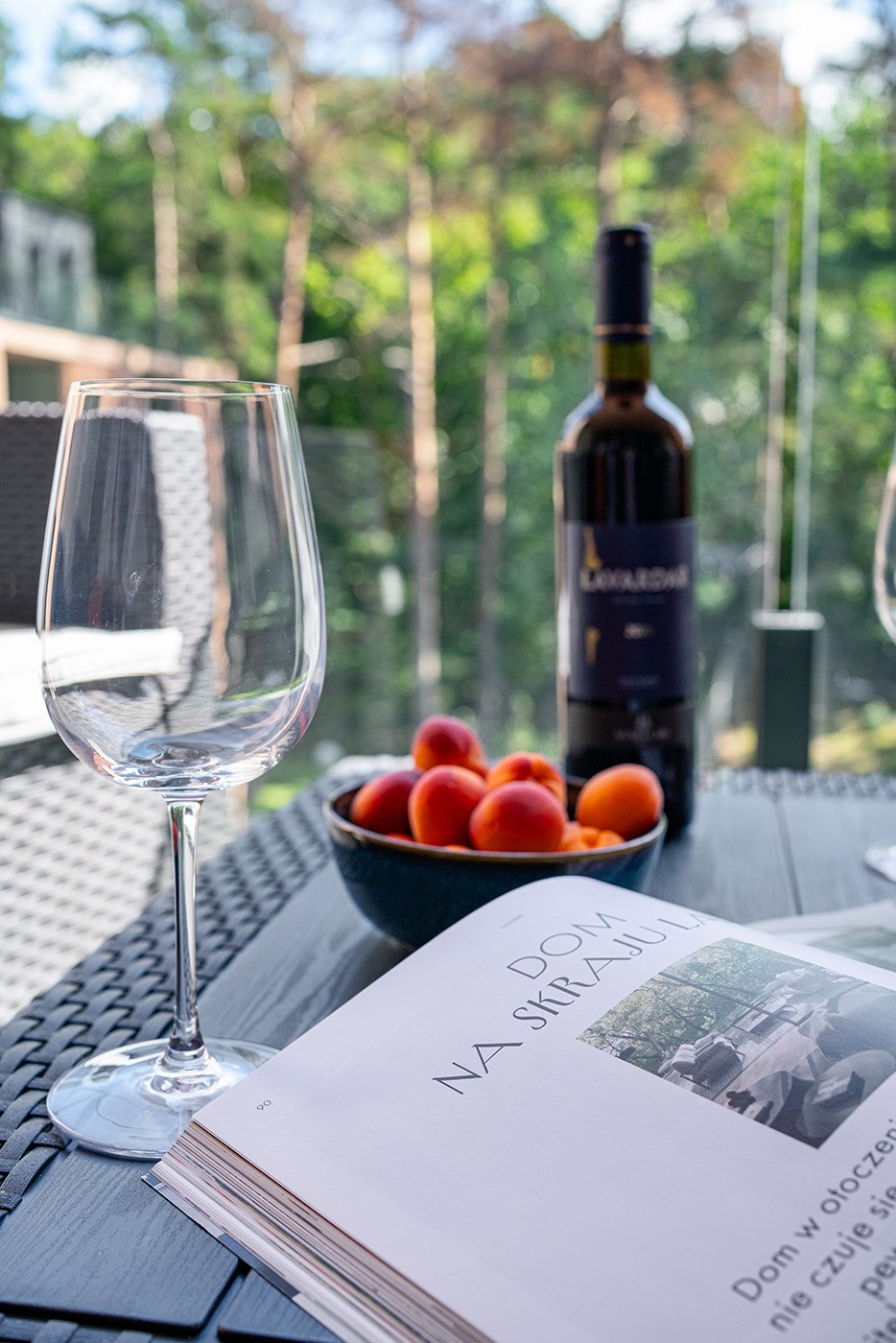 Wino i owoce na stole tarasowym pośród zieleni, Apartament Sea & Woods Star, Międzyzdroje