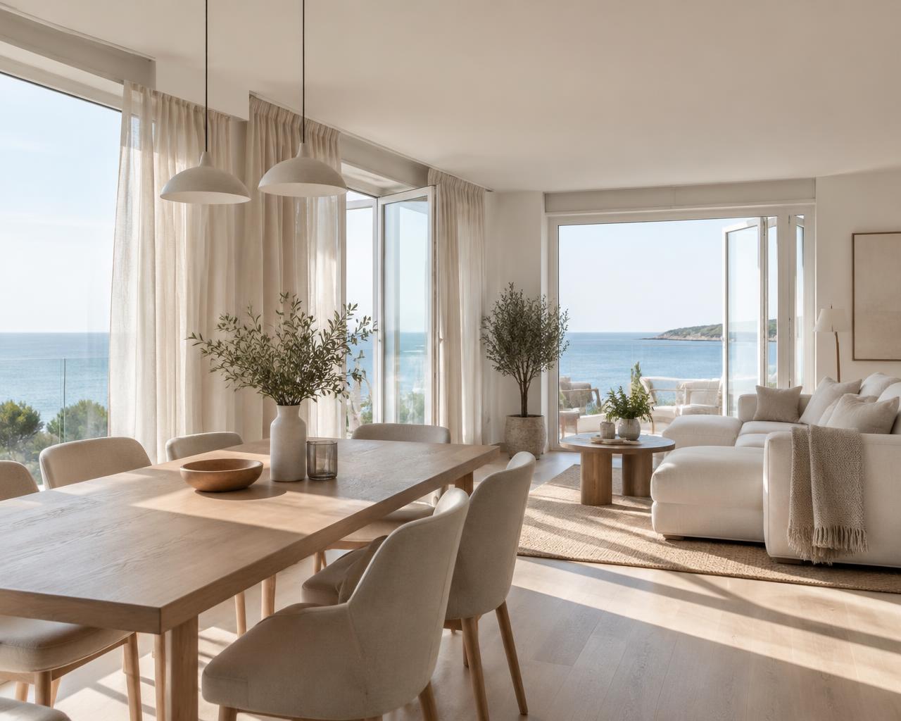 Nadmorski apartament w jasnym letnim świetle z otwartymi oknami